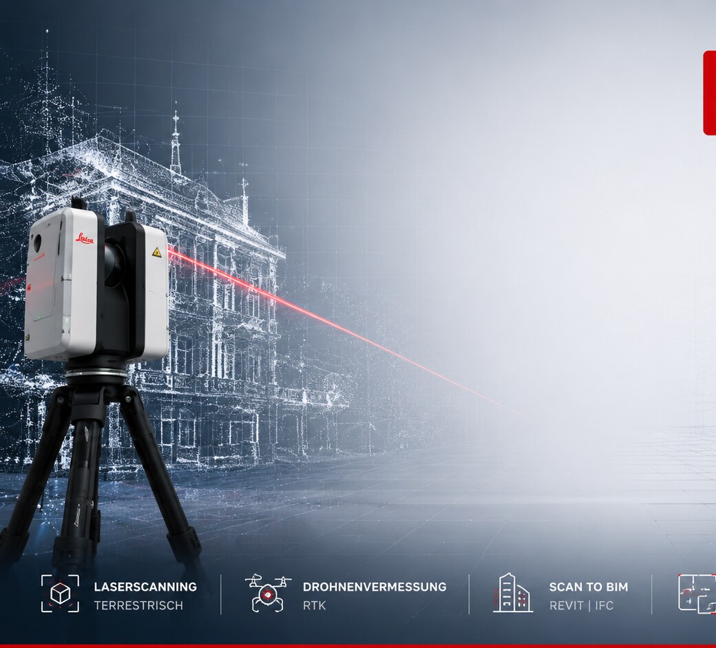 3D-Laserscanner vor digital erfasstem Gebäudemodell