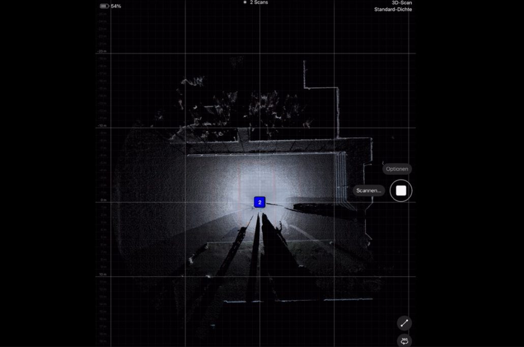 Ansicht der Matterport App nach dem ersten Scan mit visualisiertem Raum und Scanposition