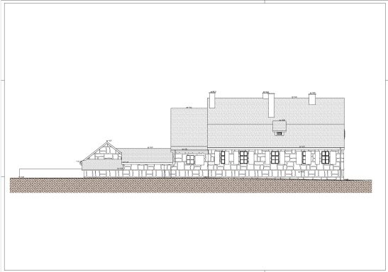 3D-Strichzeichnung Ostansicht des Aufseherhauses am Herkules – präzise Schwarz-Weiß-Darstellung der historischen Fassade.
