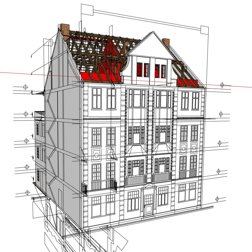 3D-BIM-Modell eines denkmalgeschützten Gebäudes in Wittenberge aus Laserscanning-Daten.