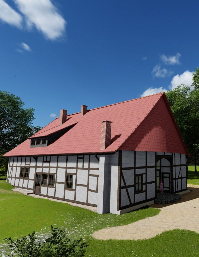 3D-Rendering Fachwerkhaus aus anderer Perspektive