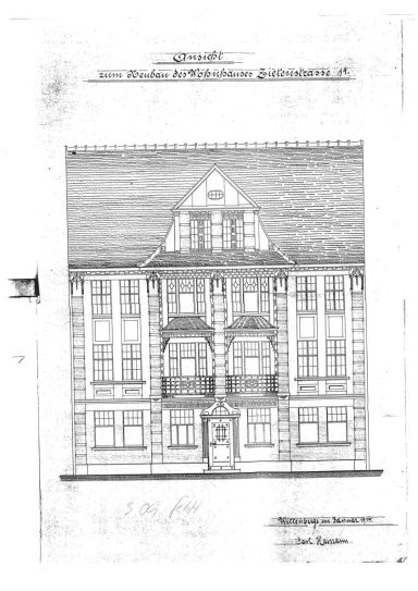 Historischer Bauplan eines denkmalgeschützten Gebäudes aus dem Stadtarchiv Wittenberge. Die Zeichnung zeigt die Fassadenansicht, 