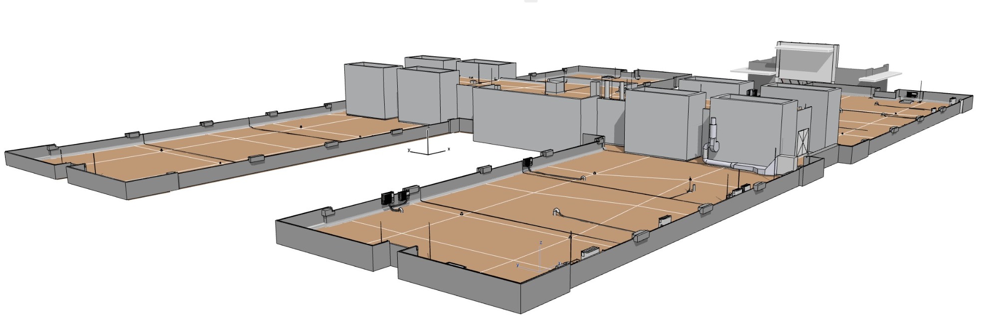 Uni Braunschweig – Pharmaziegebäude · Dachflächen (3D, P2) Alternative 3D-Perspektive der Dachflächen des Pharmaziegebäudes der Universität Braunschweig mit Versorgungstürmen und technischen Aufbaute