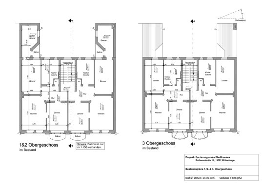 Grundrisse der Obergeschosse eines Gebäudes in Wittenberge basierend auf 3D-Laserscanning.