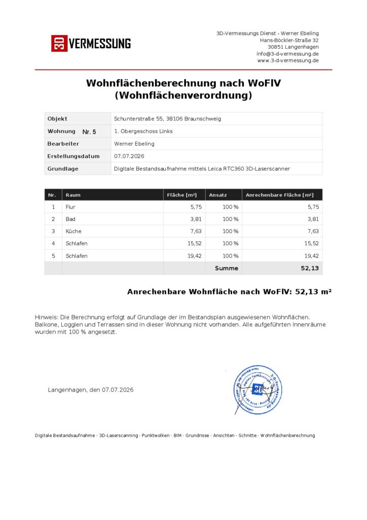 Beispiel einer Wohnflächenberechnung Schunterstraße 55, erstes Obergeschoss links
