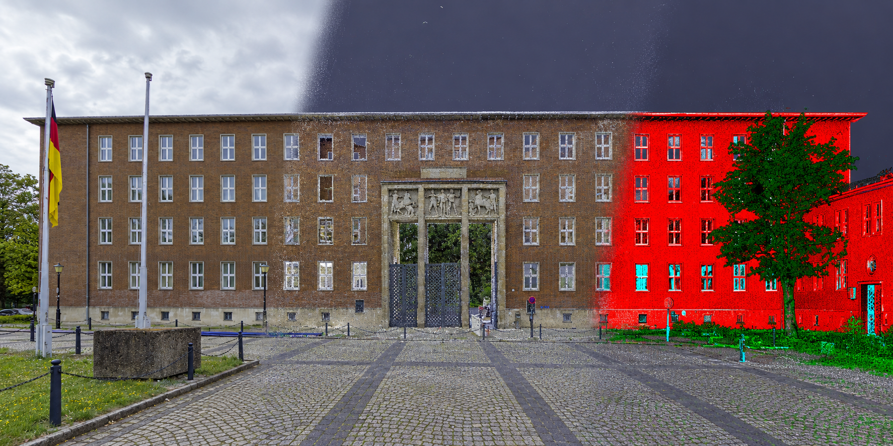Bildmontage der Kasernenfassade mit Gebäudeansicht, farbiger Punktwolke und farblich klassifizierter Darstellung