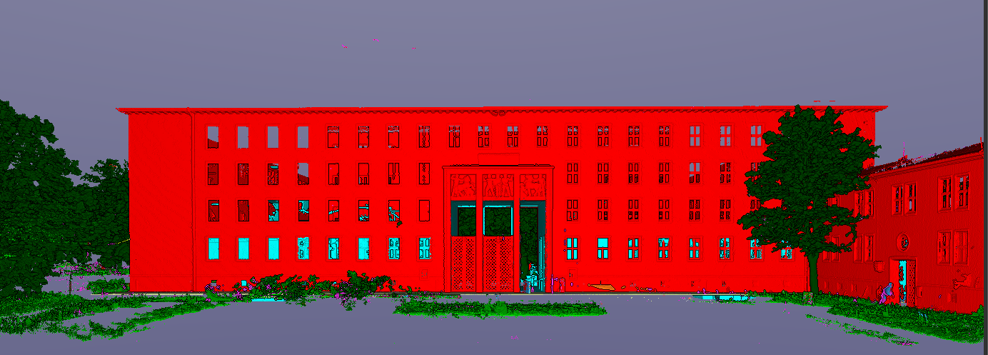 Klassifizierte Punktwolkenansicht der Kasernenfassade mit unterschiedlich eingefärbten Bereichen von Gebäude und Umgebung